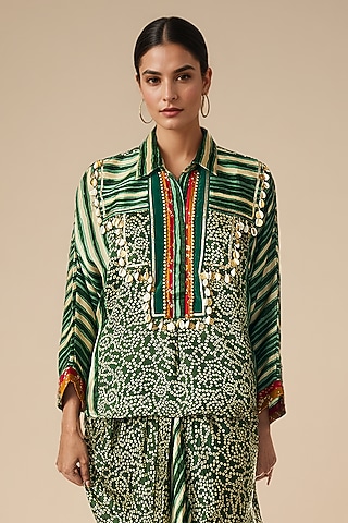 Olive Green Modal Satin Shirt Blouse by Gulabo By Abu Sandeep