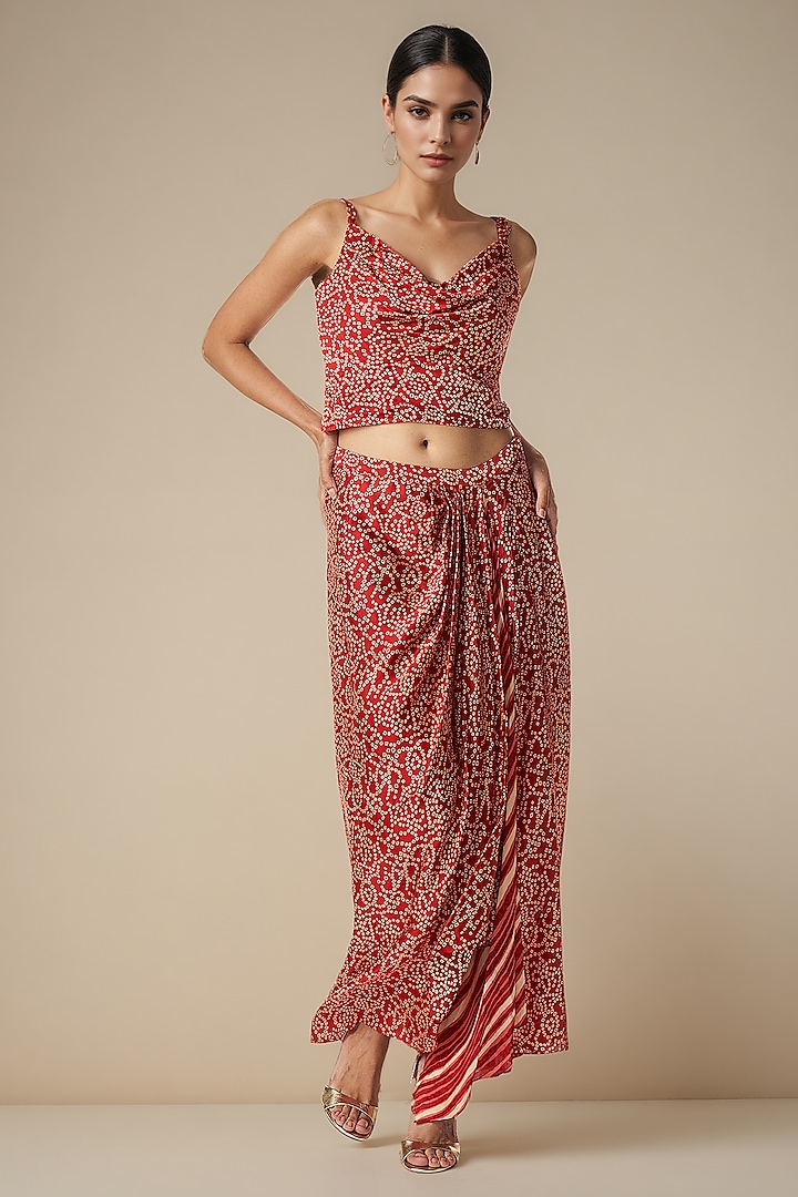 Maroon Modal Satin Draped Skirt by Gulabo By Abu Sandeep at Pernia's Pop Up Shop