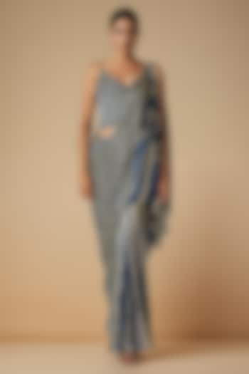 Blue Modal Satin Pre-Draped Party Wear Saree by Gulabo By Abu Sandeep at Pernia's Pop Up Shop