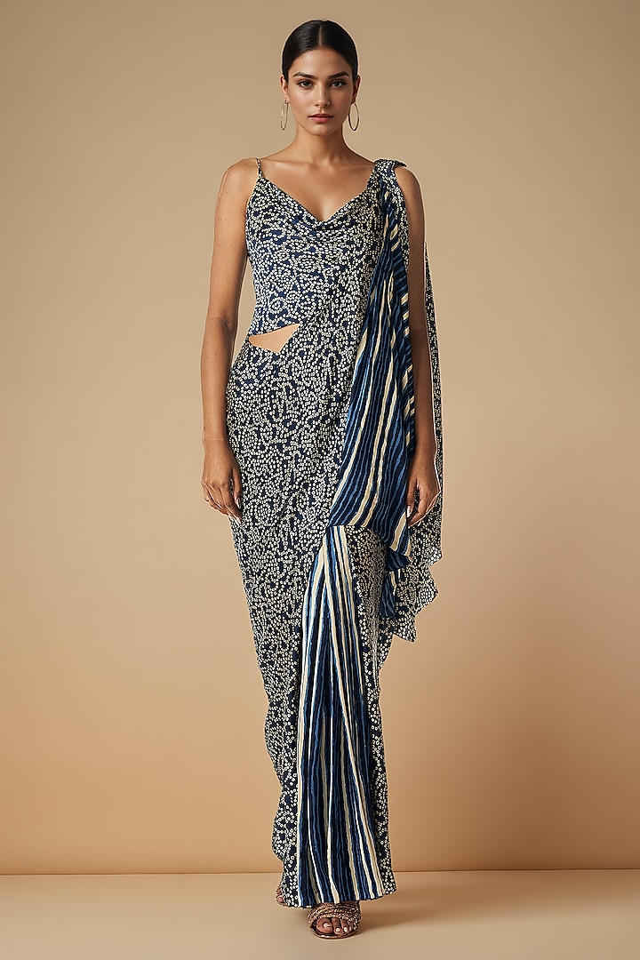 Blue Modal Satin Pre-Draped Party Wear Saree by Gulabo By Abu Sandeep at Pernia's Pop Up Shop