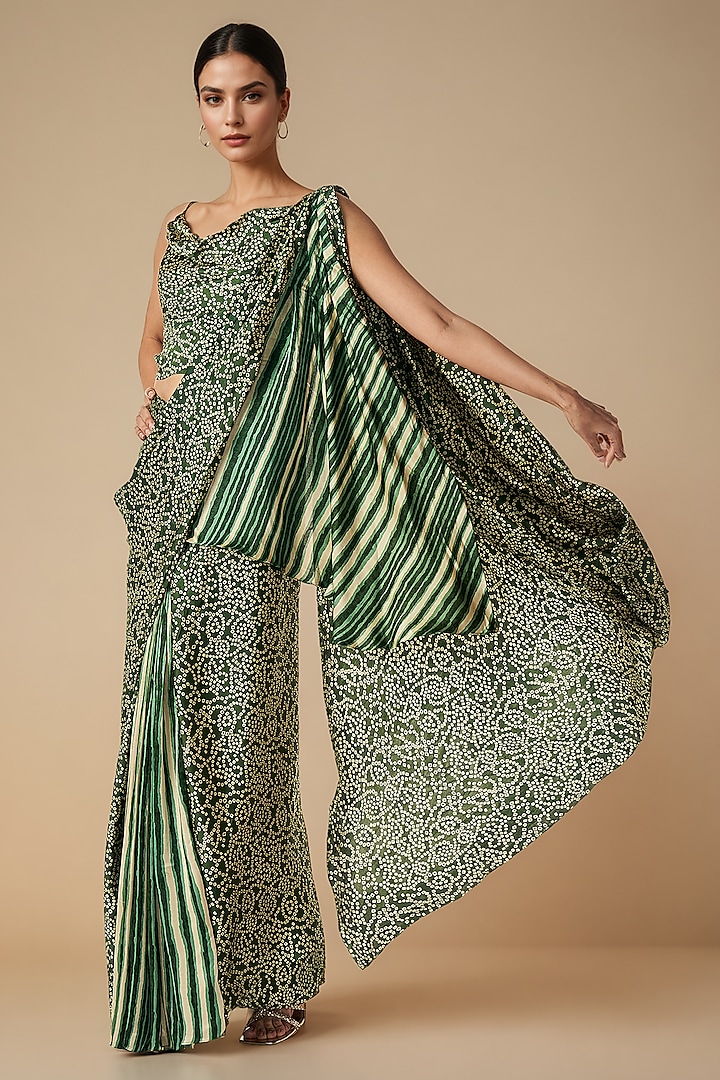 Olive Green Modal Satin Pre-Draped Party Wear Saree by Gulabo By Abu Sandeep at Pernia's Pop Up Shop