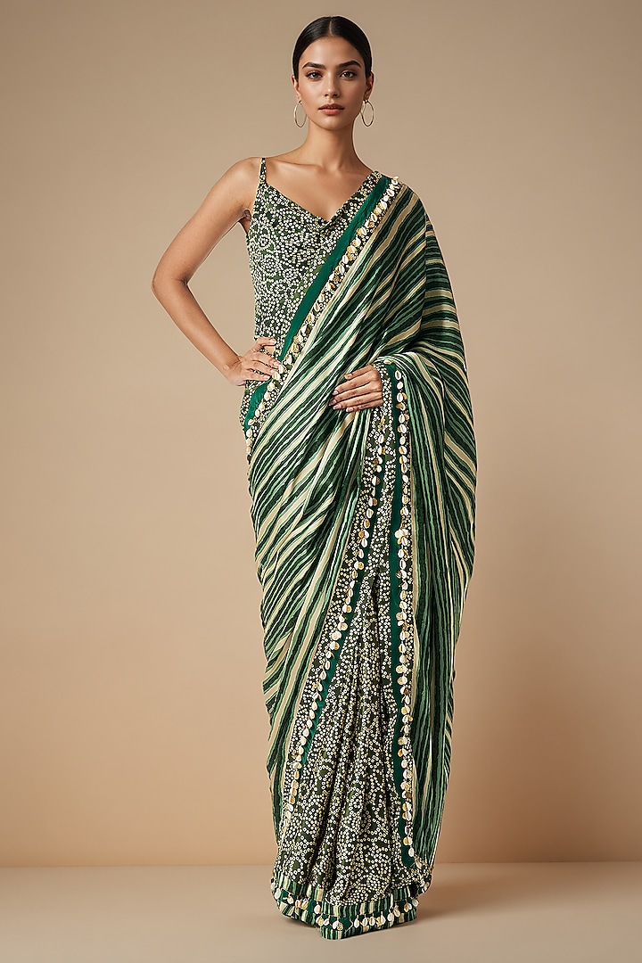 Olive Green Modal Satin Party Wear Saree by Gulabo By Abu Sandeep at Pernia's Pop Up Shop