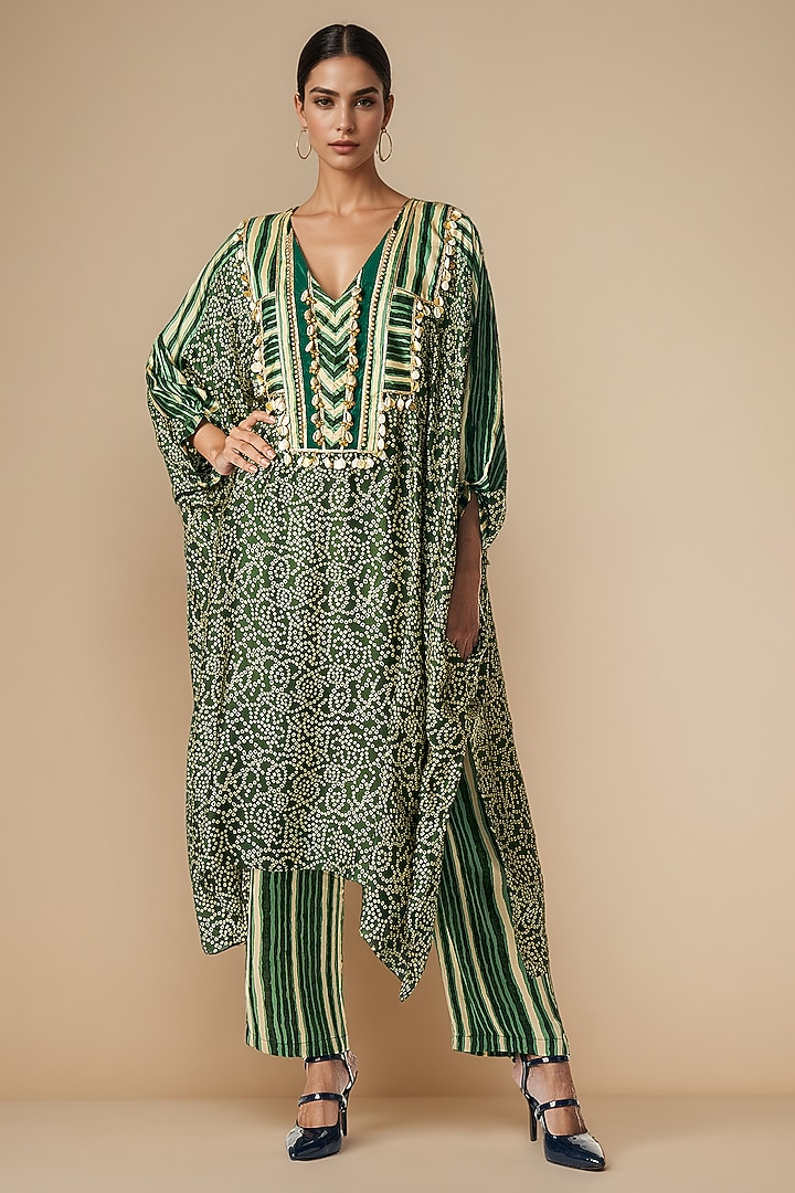 Olive Green Modal Satin Straight-Cut Pants by Gulabo By Abu Sandeep at Pernia's Pop Up Shop