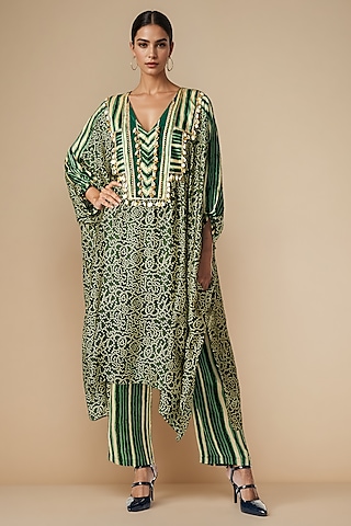Olive Green Modal Satin Straight-Cut Pants by Gulabo By Abu Sandeep