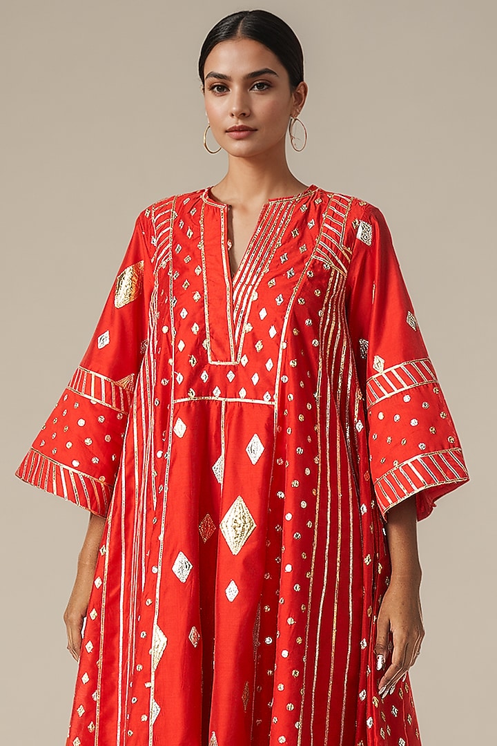 Red Modal Chanderi Kurta Set by Gulabo By Abu Sandeep at Pernia's Pop Up Shop