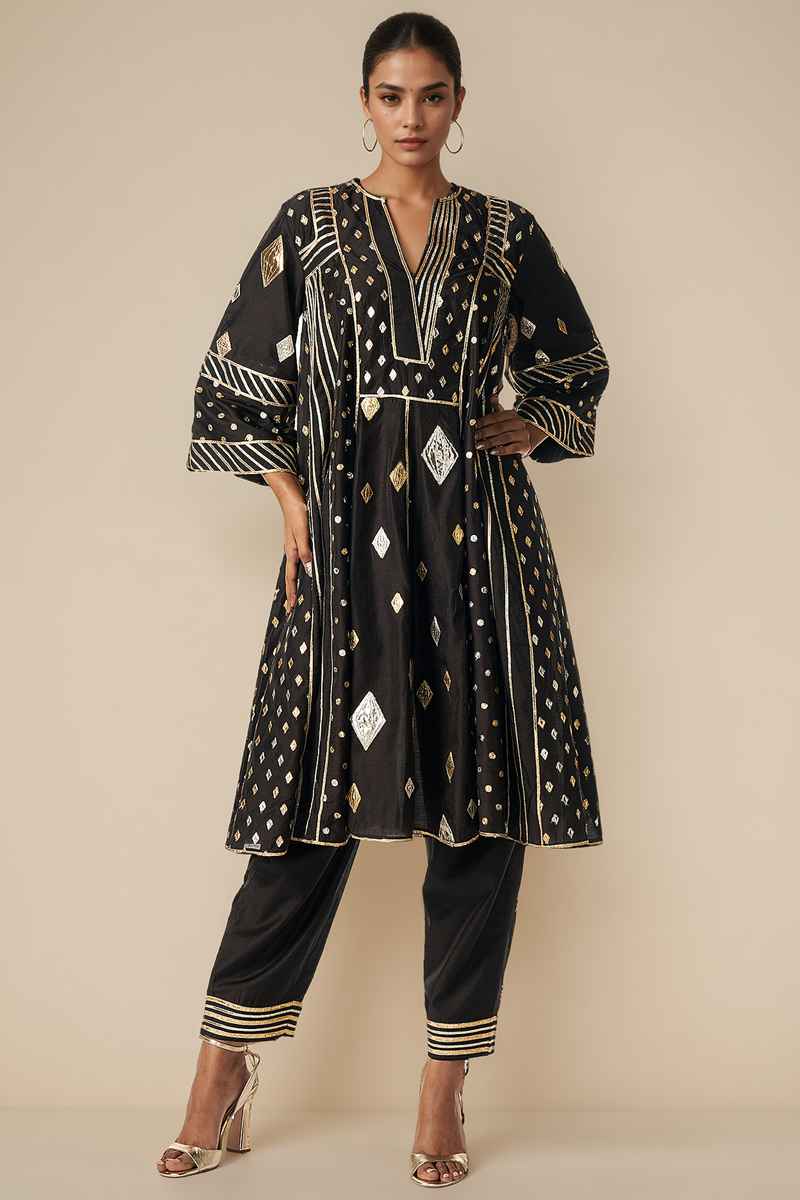 Black Modal Chanderi Kurta Set by Gulabo By Abu Sandeep at Pernia's Pop Up Shop