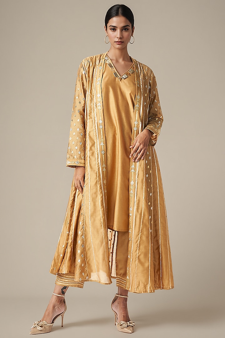Beige Modal Chanderi Kalidar Jacket Set by Gulabo By Abu Sandeep at Pernia's Pop Up Shop