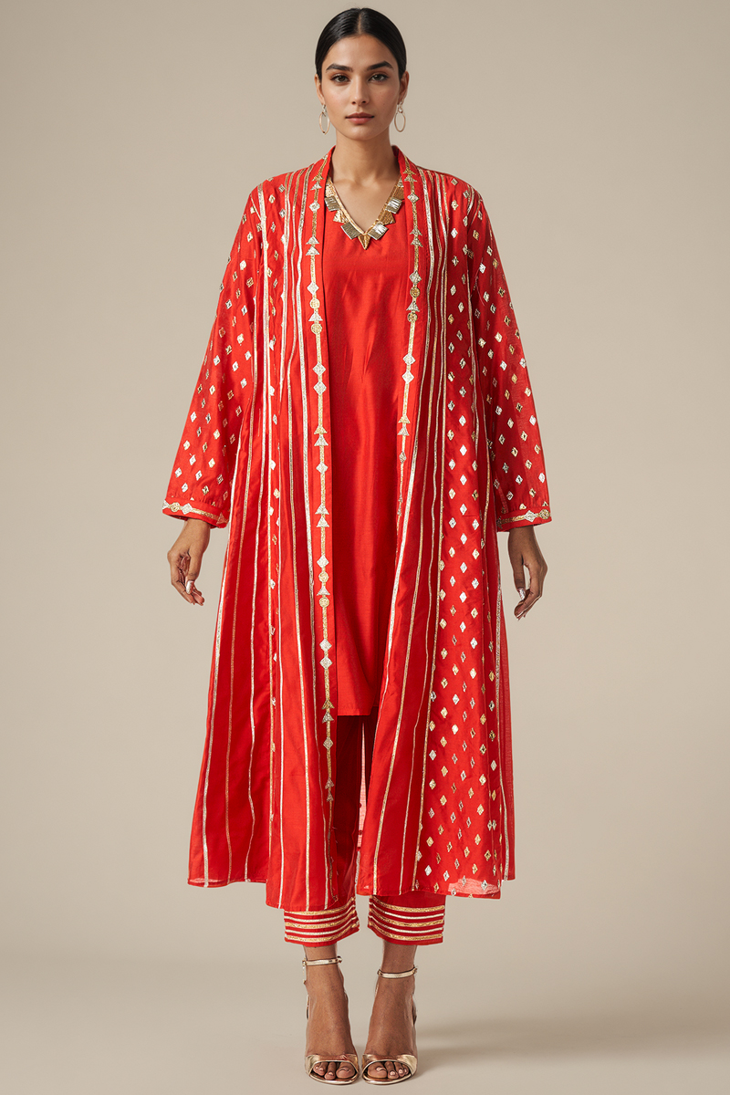 Red Modal Chanderi Kalidar Jacket Set by Gulabo By Abu Sandeep at Pernia's Pop Up Shop