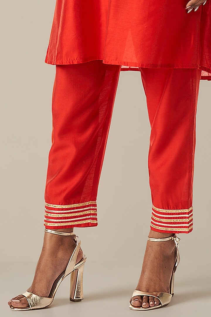 Red Modal Chanderi Kalidar Jacket Set by Gulabo By Abu Sandeep at Pernia's Pop Up Shop