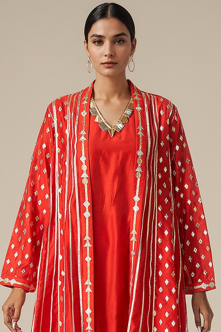 Red Modal Chanderi Kalidar Jacket Set by Gulabo By Abu Sandeep at Pernia's Pop Up Shop