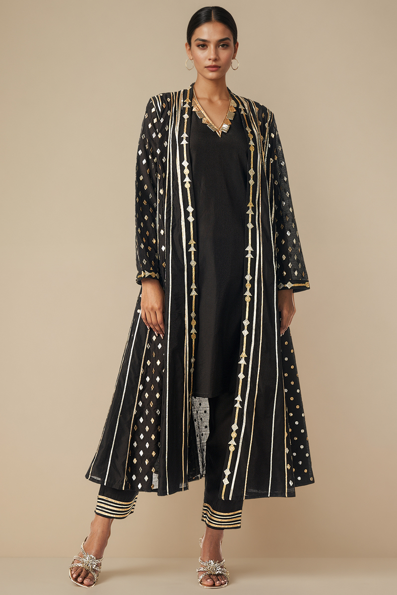 Black Modal Chanderi Kalidar Jacket Set by Gulabo By Abu Sandeep at Pernia's Pop Up Shop