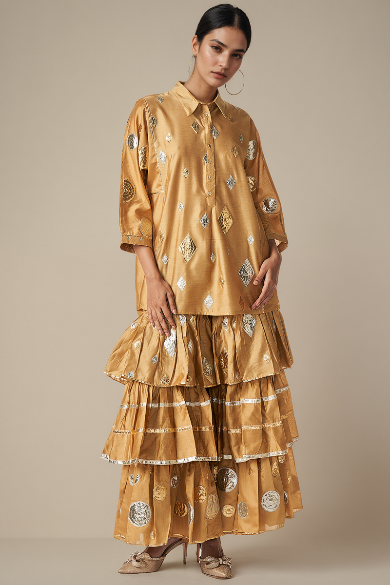 Beige Modal Chanderi Gota Embellished Gharara Set by Gulabo By Abu Sandeep at Pernia's Pop Up Shop