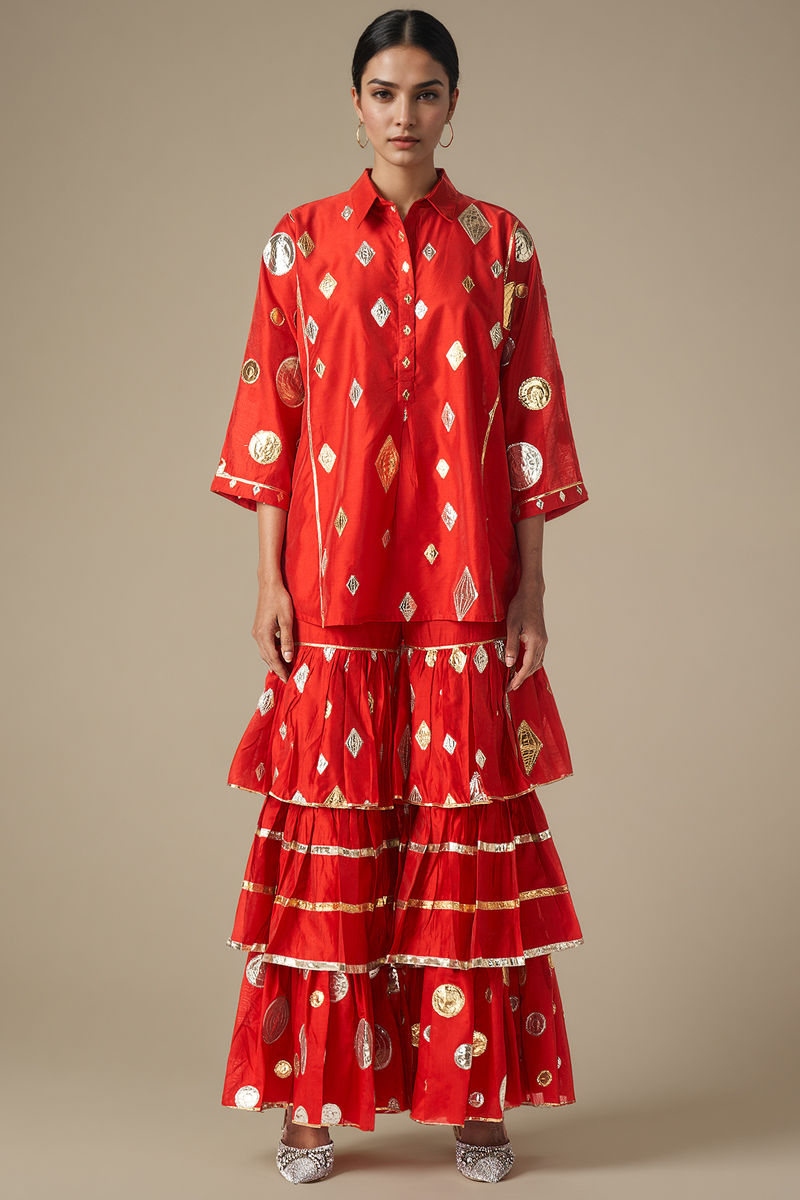 Red Modal Chanderi Gota Embellished Gharara Set by Gulabo By Abu Sandeep at Pernia's Pop Up Shop