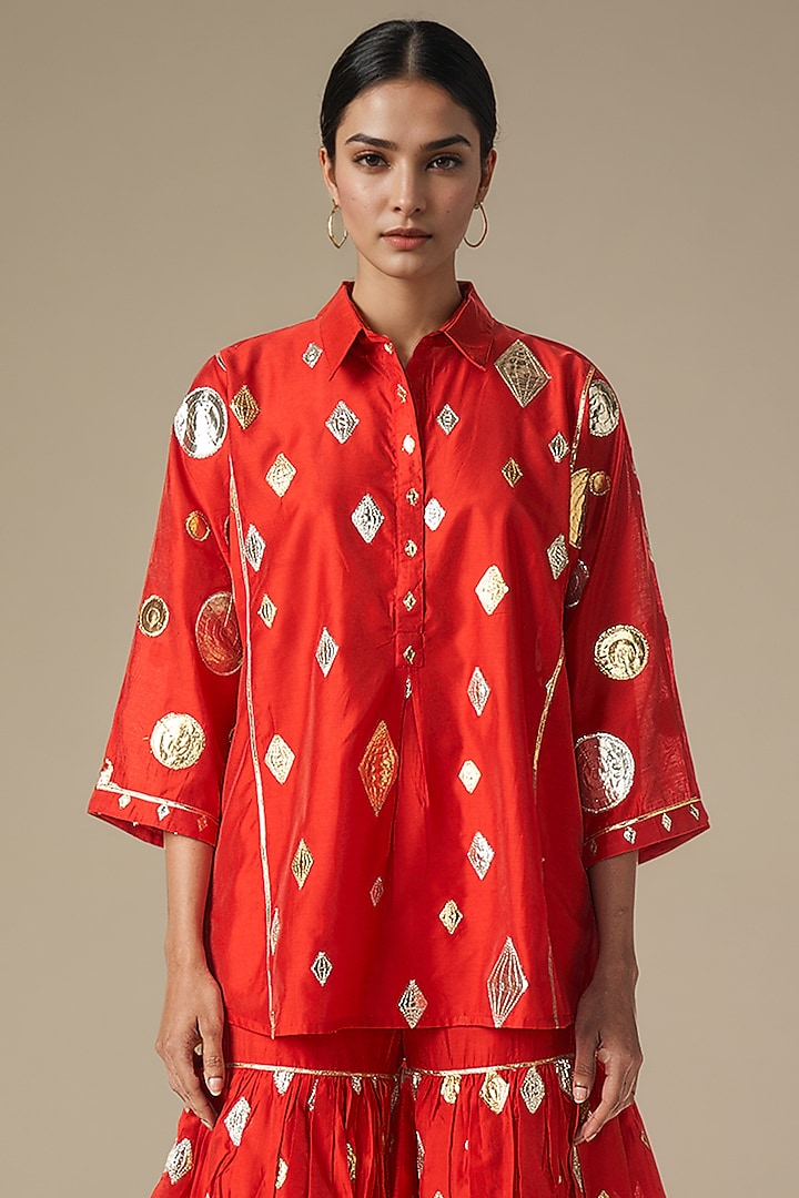 Red Modal Chanderi Gota Embellished Gharara Set by Gulabo By Abu Sandeep at Pernia's Pop Up Shop