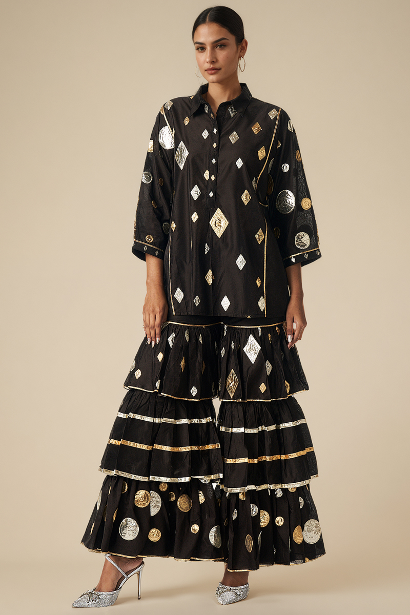Black Modal Chanderi Gota Embellished Gharara Set by Gulabo By Abu Sandeep at Pernia's Pop Up Shop