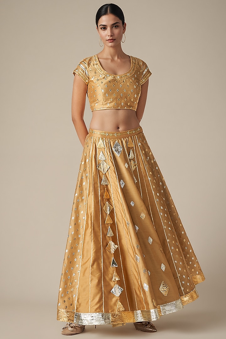 Beige Modal Chanderi Gota Lehenga by Gulabo By Abu Sandeep at Pernia's Pop Up Shop