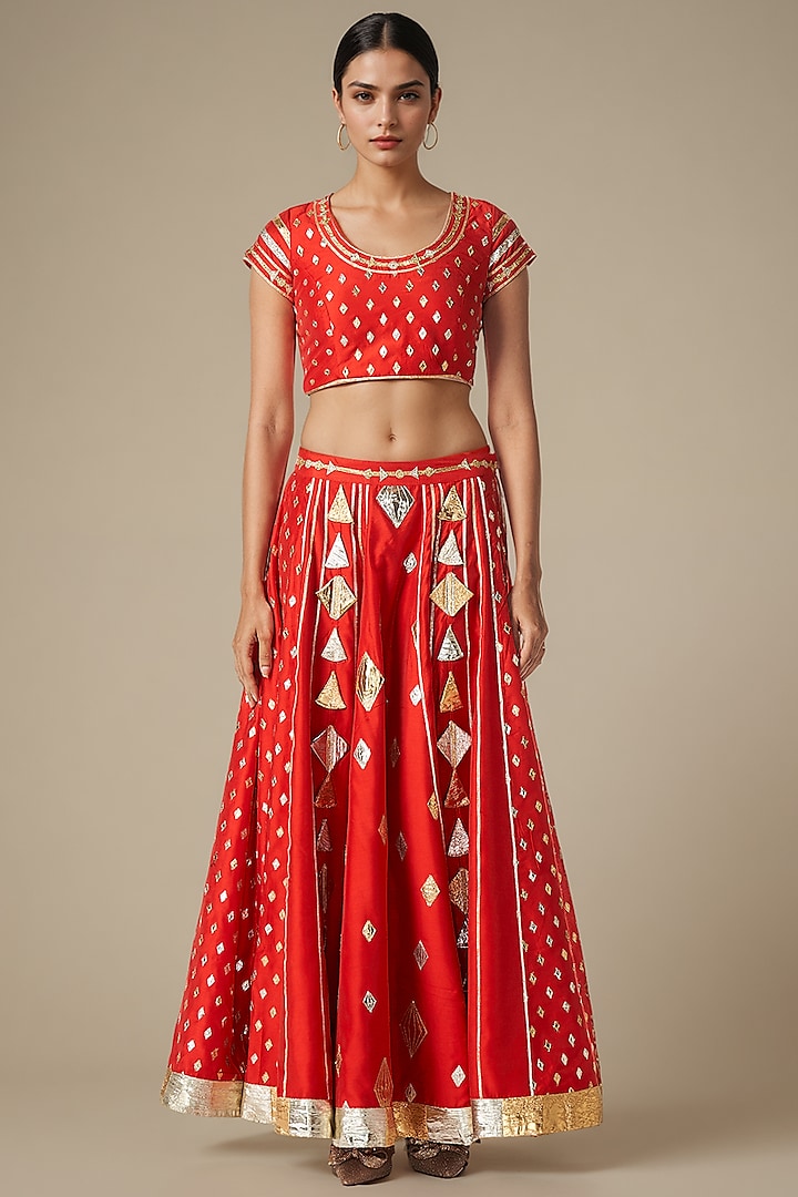 Red Modal Chanderi Gota Lehenga by Gulabo By Abu Sandeep at Pernia's Pop Up Shop