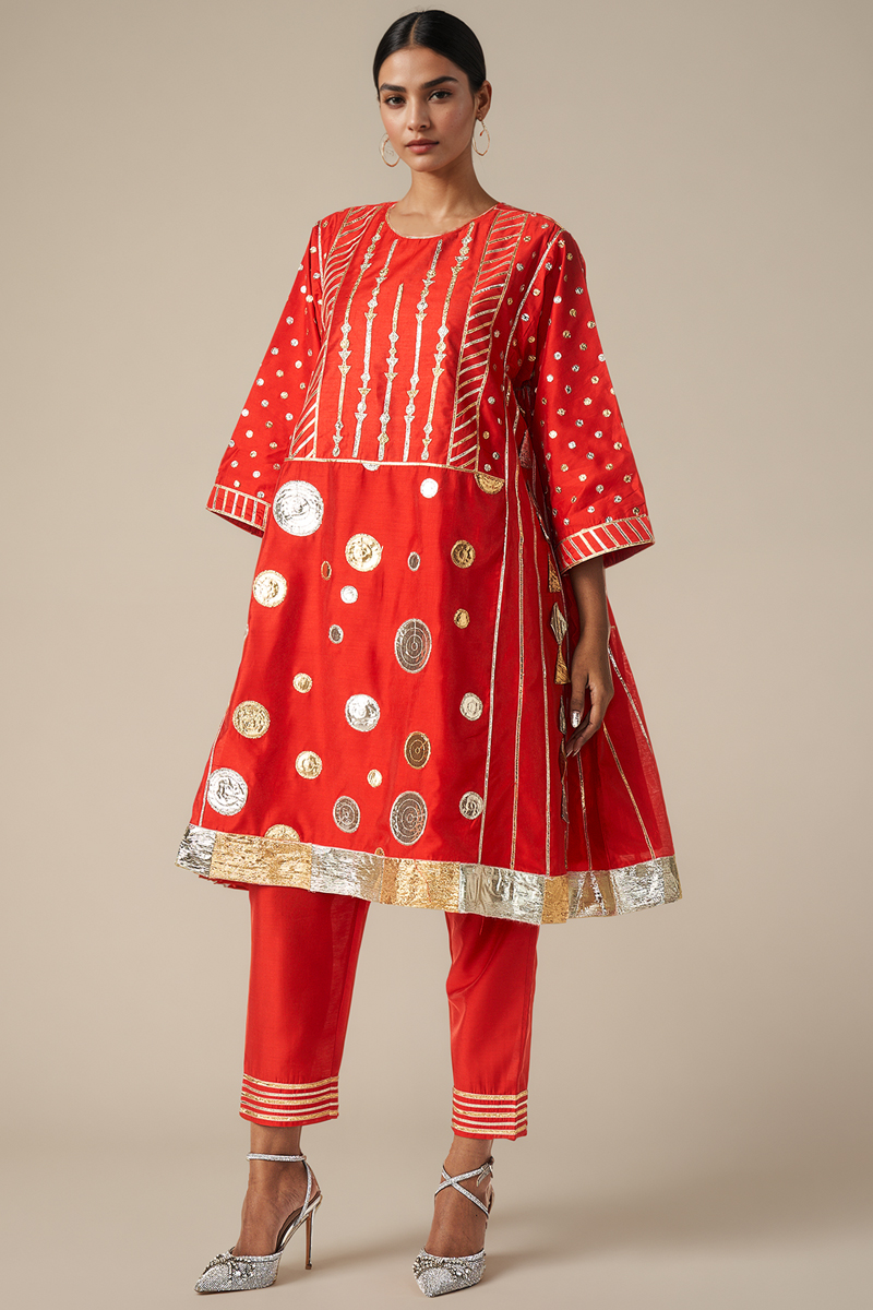 Red Modal Chanderi Kurta Set by Gulabo By Abu Sandeep at Pernia's Pop Up Shop