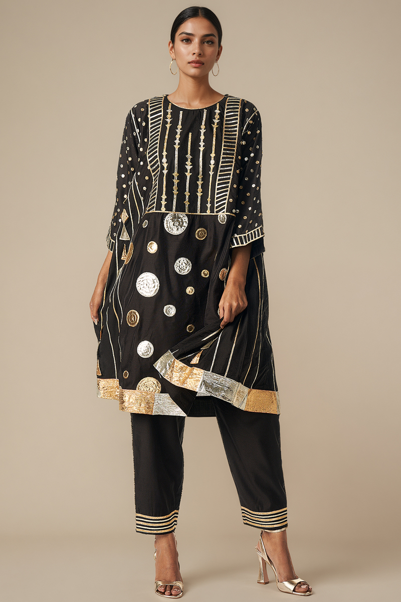 Black Modal Chanderi Kurta Set by Gulabo By Abu Sandeep at Pernia's Pop Up Shop