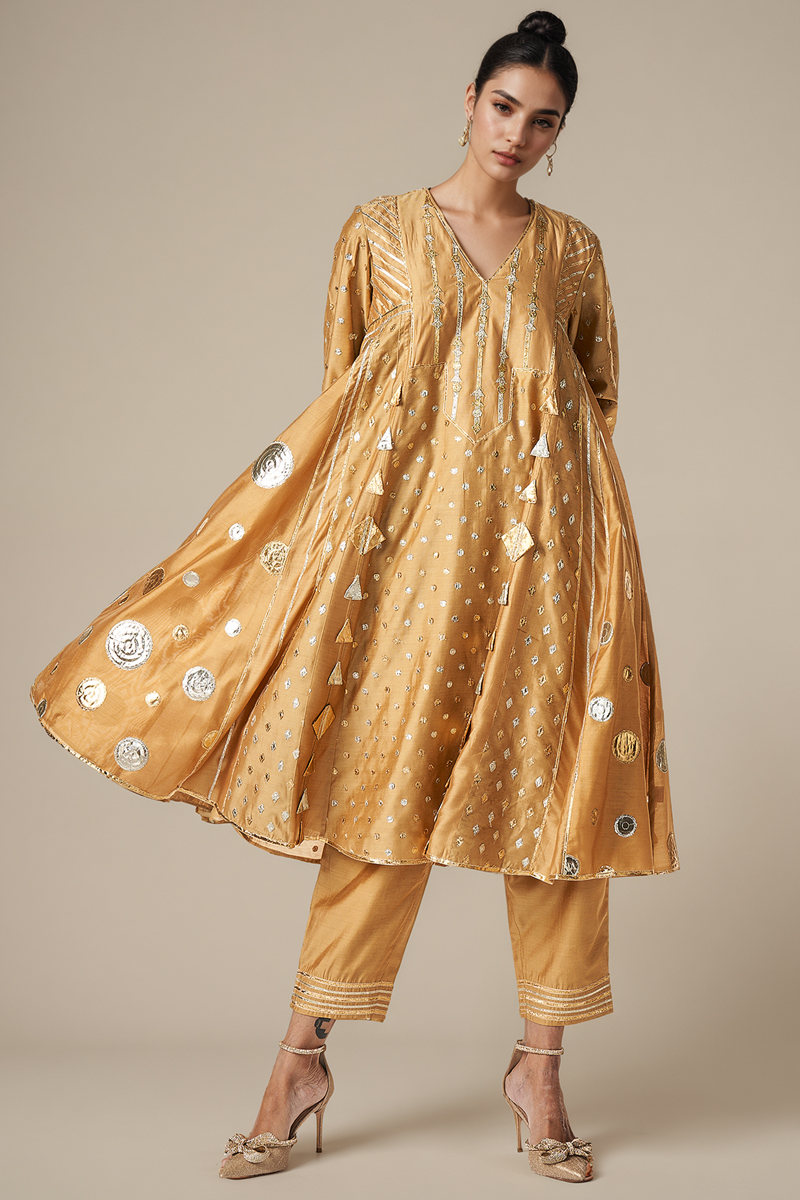 Beige Modal Chanderi Gathered Kurta Set by Gulabo By Abu Sandeep at Pernia's Pop Up Shop