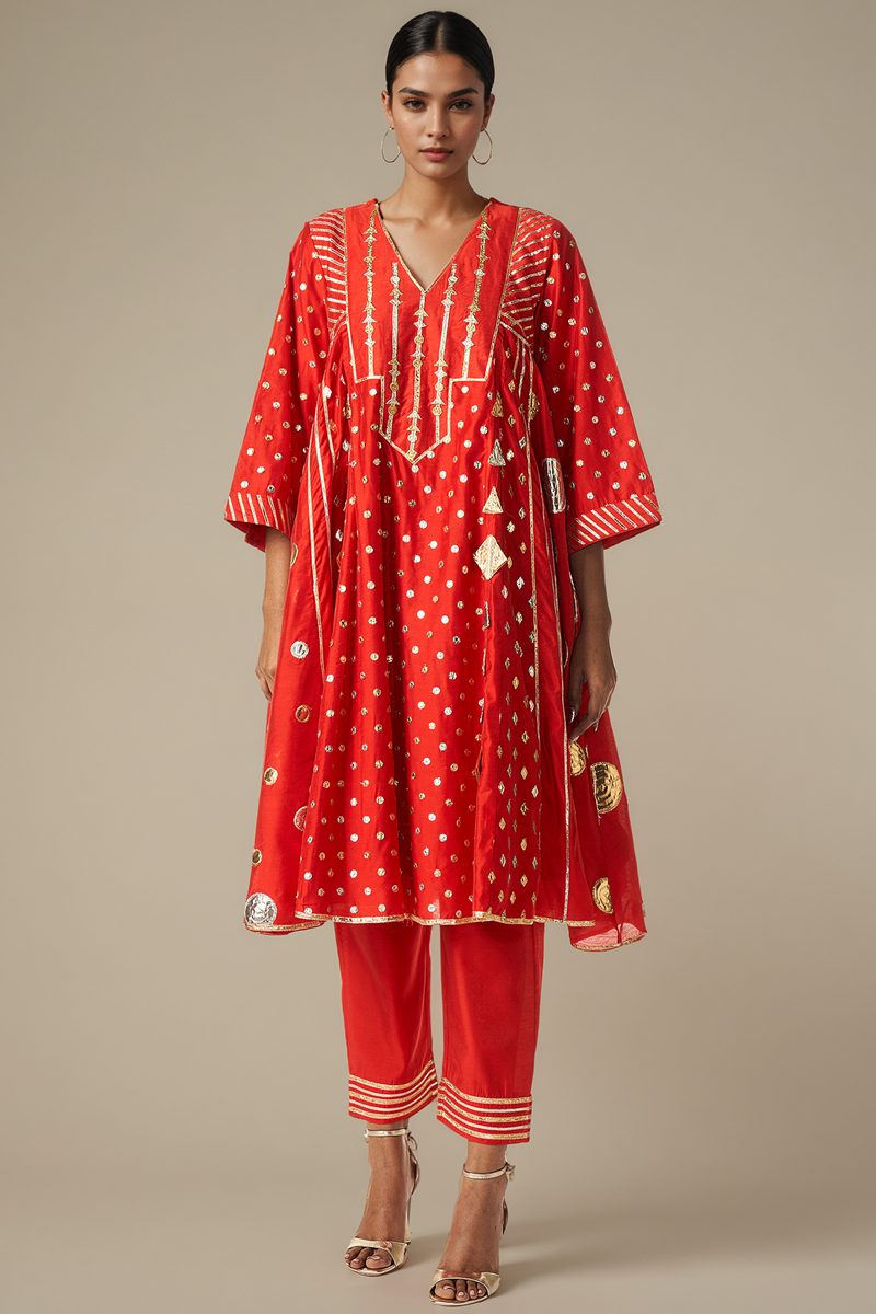 Red Modal Chanderi Gathered Kurta Set by Gulabo By Abu Sandeep at Pernia's Pop Up Shop