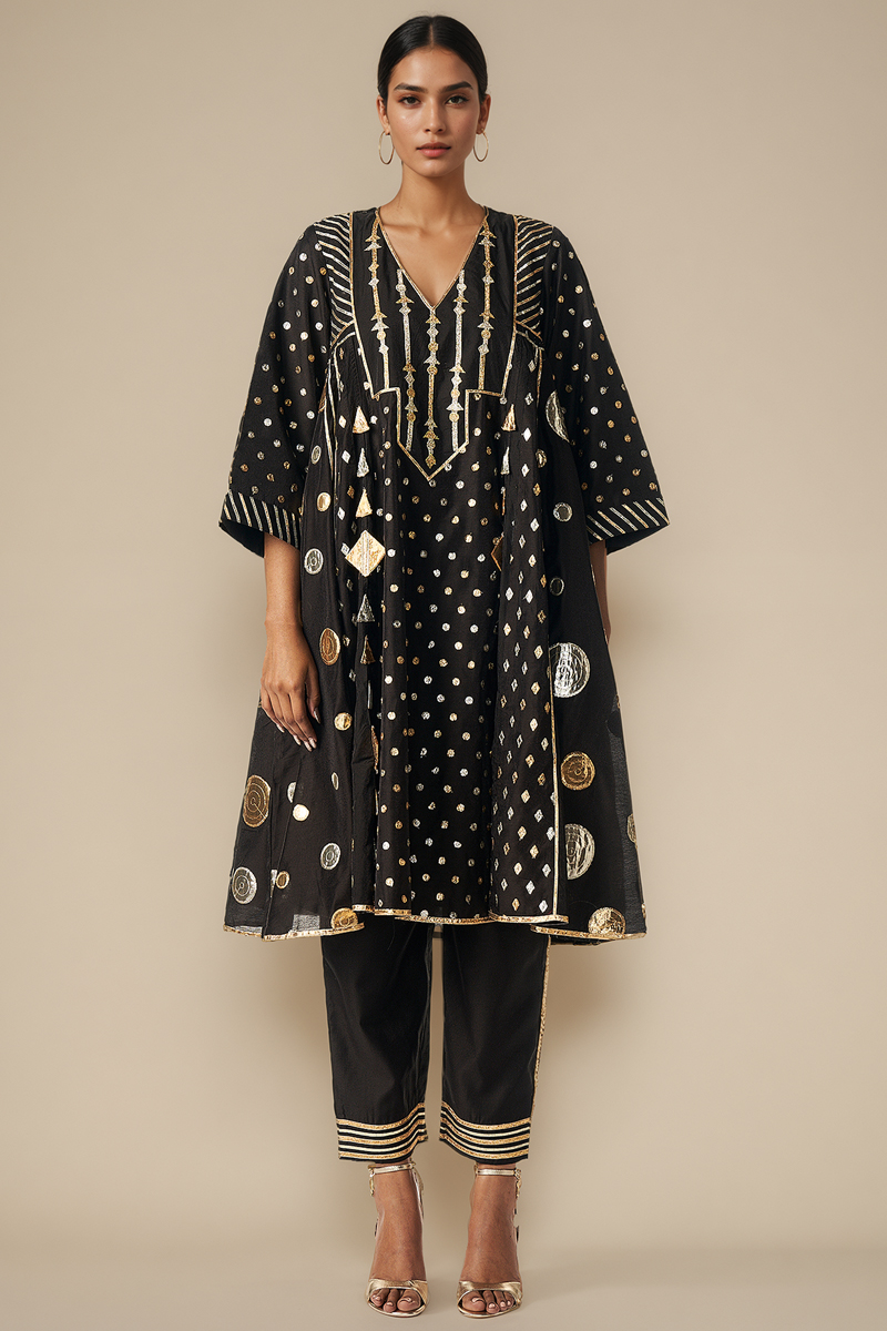 Black Modal Chanderi Gathered Kurta Set by Gulabo By Abu Sandeep at Pernia's Pop Up Shop