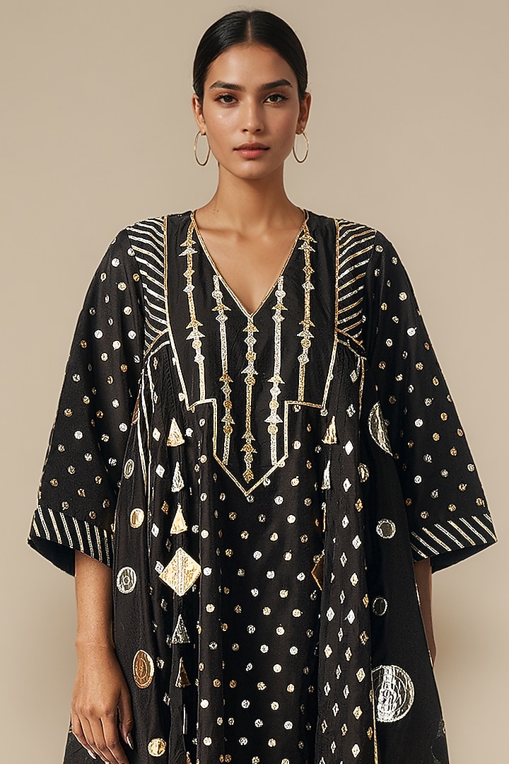 Black Modal Chanderi Gathered Kurta Set by Gulabo By Abu Sandeep at Pernia's Pop Up Shop