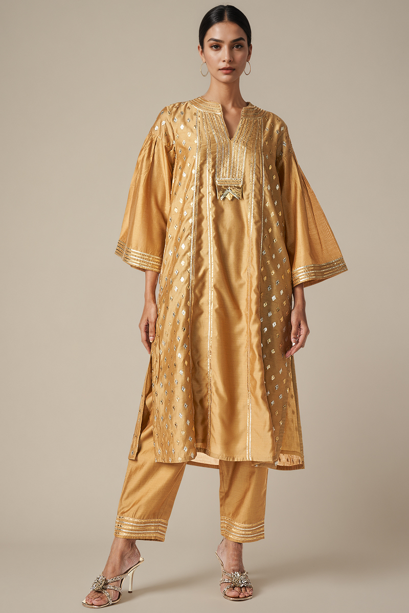 Beige Modal Chanderi Gota Work Straight Kurta Set by Gulabo By Abu Sandeep at Pernia's Pop Up Shop