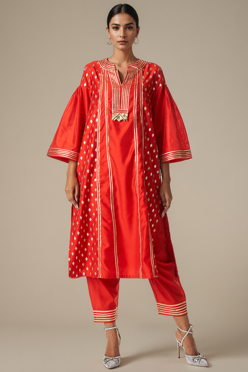 Red Modal Chanderi Gota Work Straight Kurta Set by Gulabo By Abu Sandeep at Pernia's Pop Up Shop