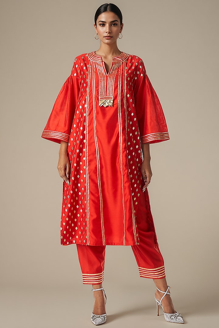 Red Modal Chanderi Gota Work Straight Kurta Set by Gulabo By Abu Sandeep at Pernia's Pop Up Shop