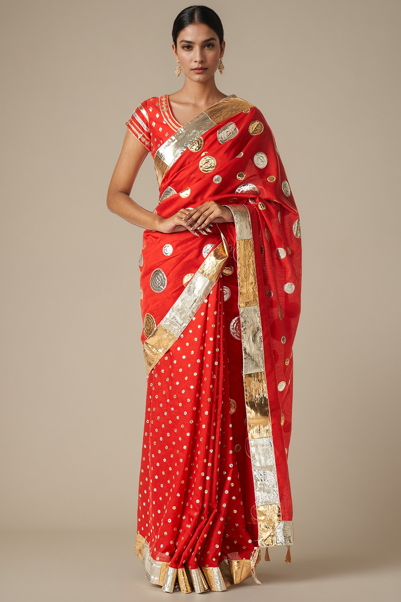 Red Modal Chanderi Gota Wedding Saree by Gulabo By Abu Sandeep at Pernia's Pop Up Shop