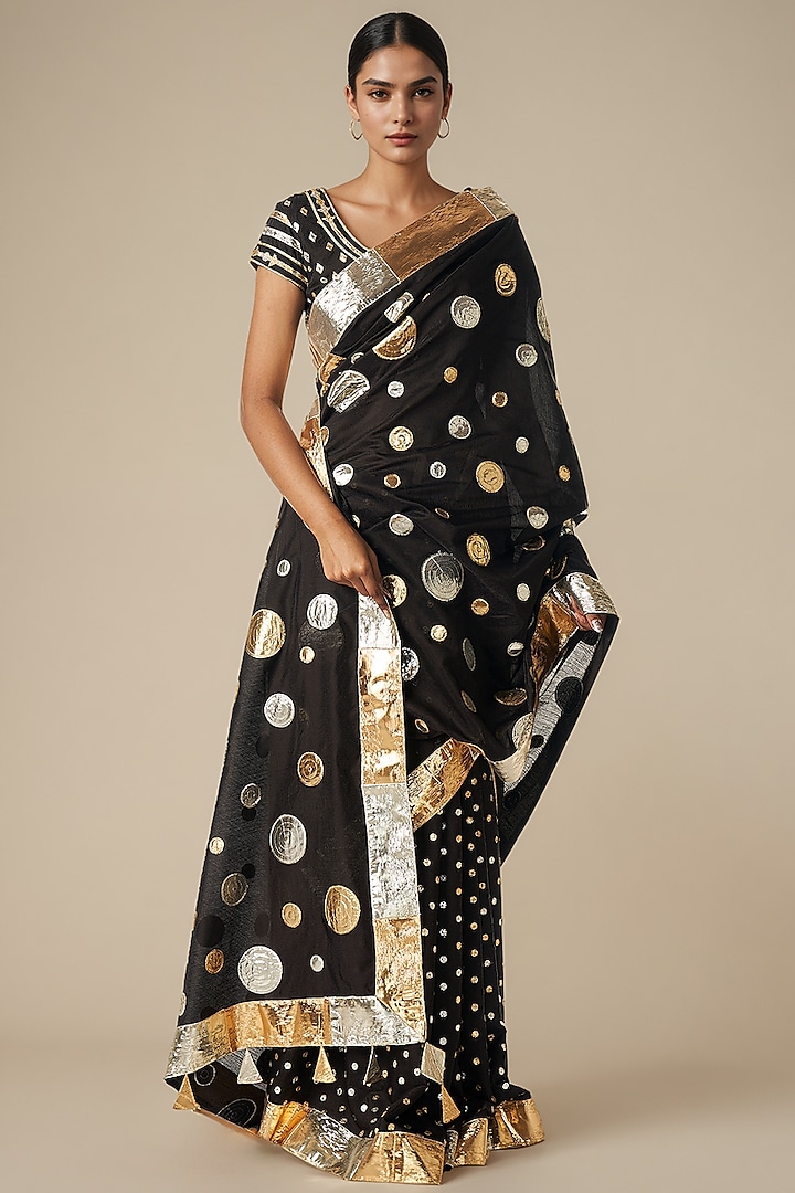Black Modal Chanderi Gota Wedding Saree by Gulabo By Abu Sandeep at Pernia's Pop Up Shop