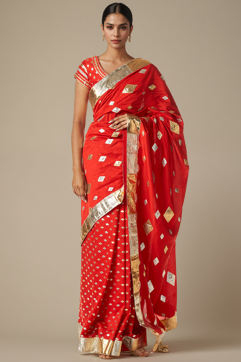 Red Modal Chanderi Gota Wedding Saree by Gulabo By Abu Sandeep at Pernia's Pop Up Shop