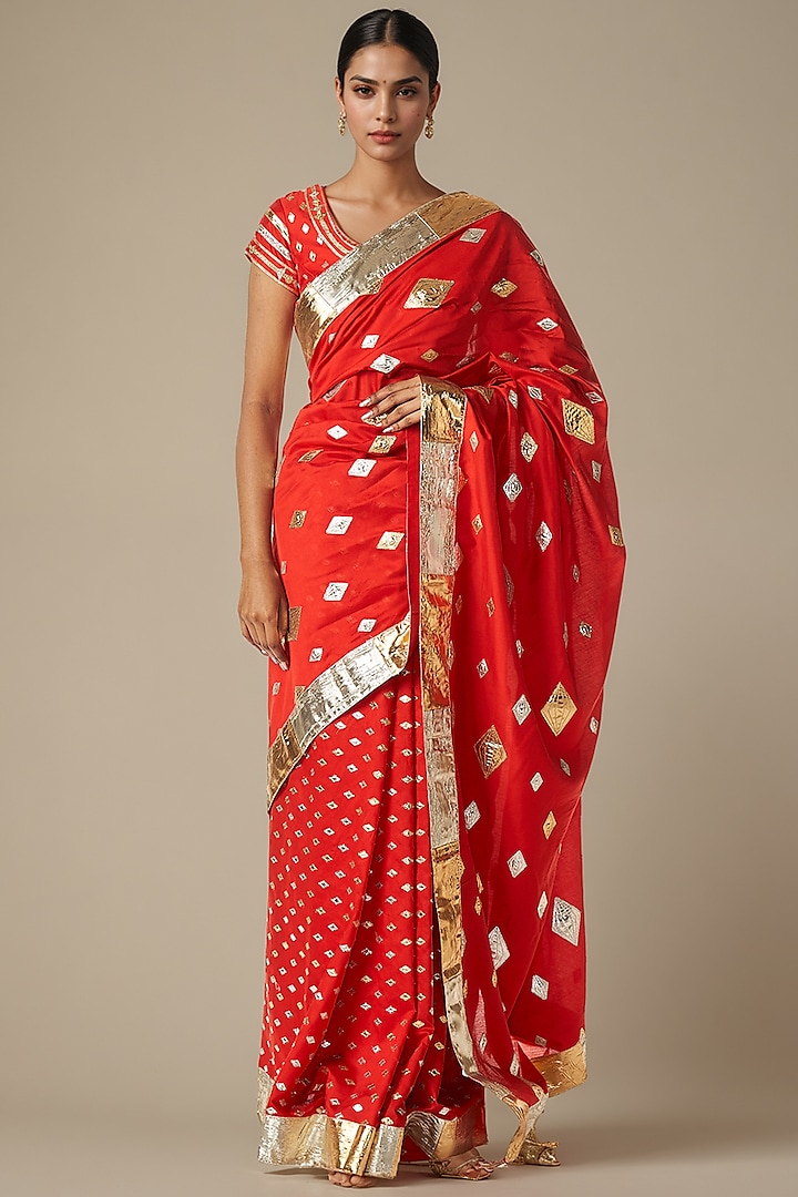 Red Modal Chanderi Gota Wedding Saree by Gulabo By Abu Sandeep at Pernia's Pop Up Shop