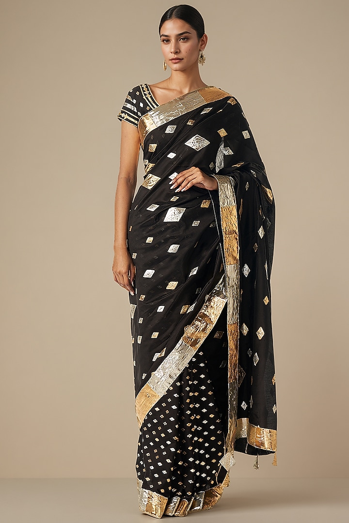 Black Modal Chanderi Gota Wedding Saree by Gulabo By Abu Sandeep at Pernia's Pop Up Shop