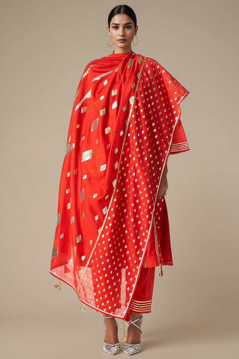 Red Modal Chanderi Gota Dupatta by Gulabo By Abu Sandeep at Pernia's Pop Up Shop