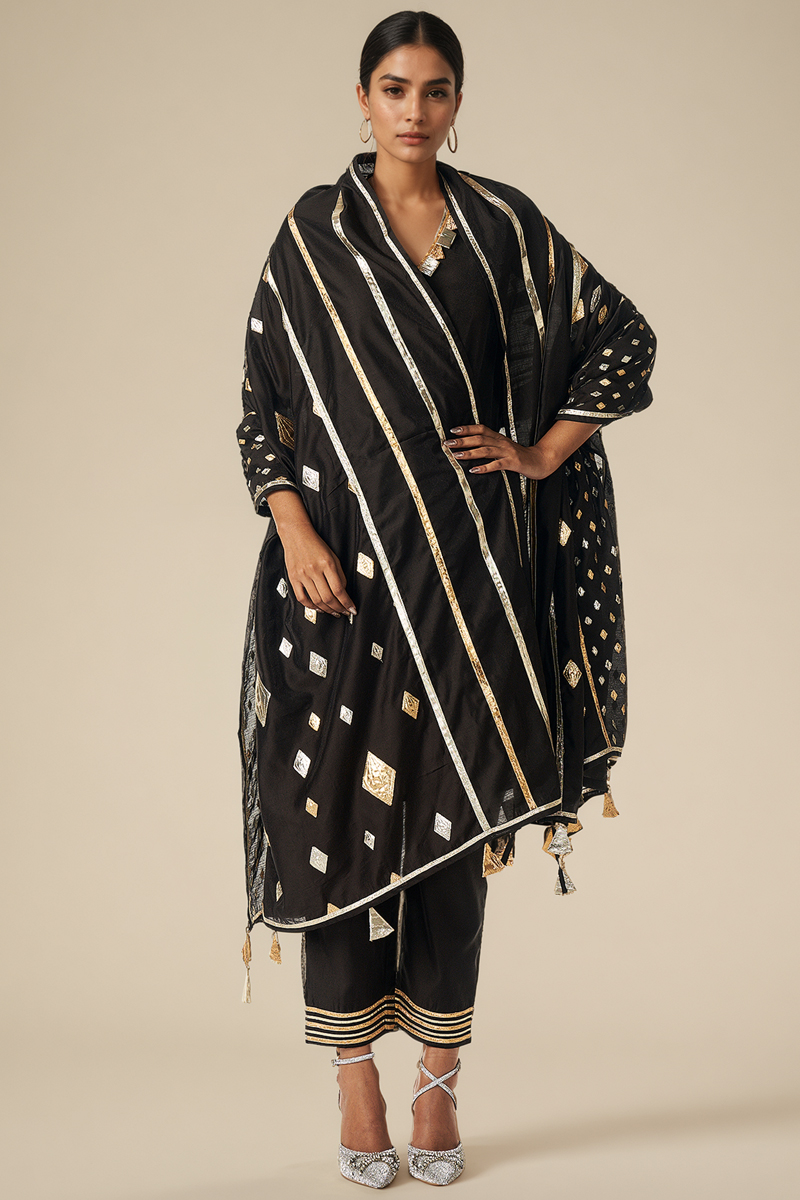 Black Modal Chanderi Gota Dupatta by Gulabo By Abu Sandeep at Pernia's Pop Up Shop