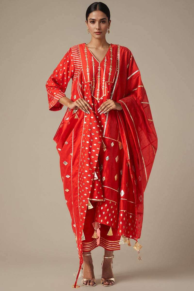 Red Modal Chanderi Gota Dupatta by Gulabo By Abu Sandeep at Pernia's Pop Up Shop