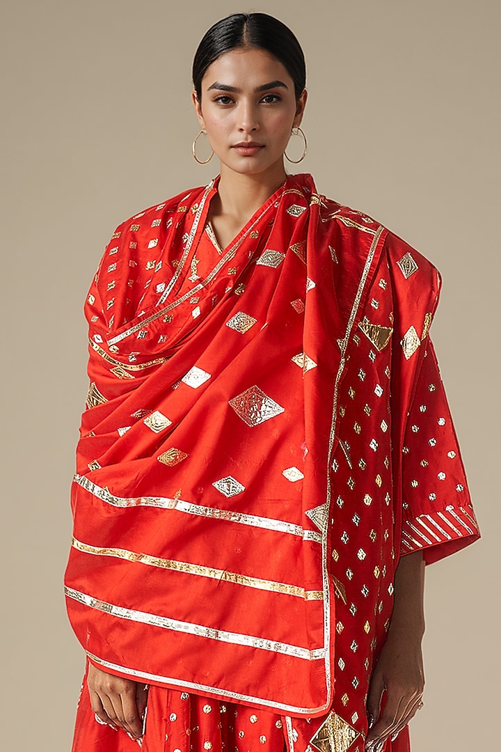 Red Modal Chanderi Gota Dupatta by Gulabo By Abu Sandeep at Pernia's Pop Up Shop