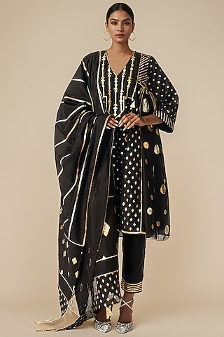 Black Modal Chanderi Gota Dupatta by Gulabo By Abu Sandeep