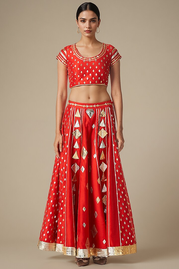 Red Modal Chanderi Gota Work Blouse by Gulabo By Abu Sandeep at Pernia's Pop Up Shop