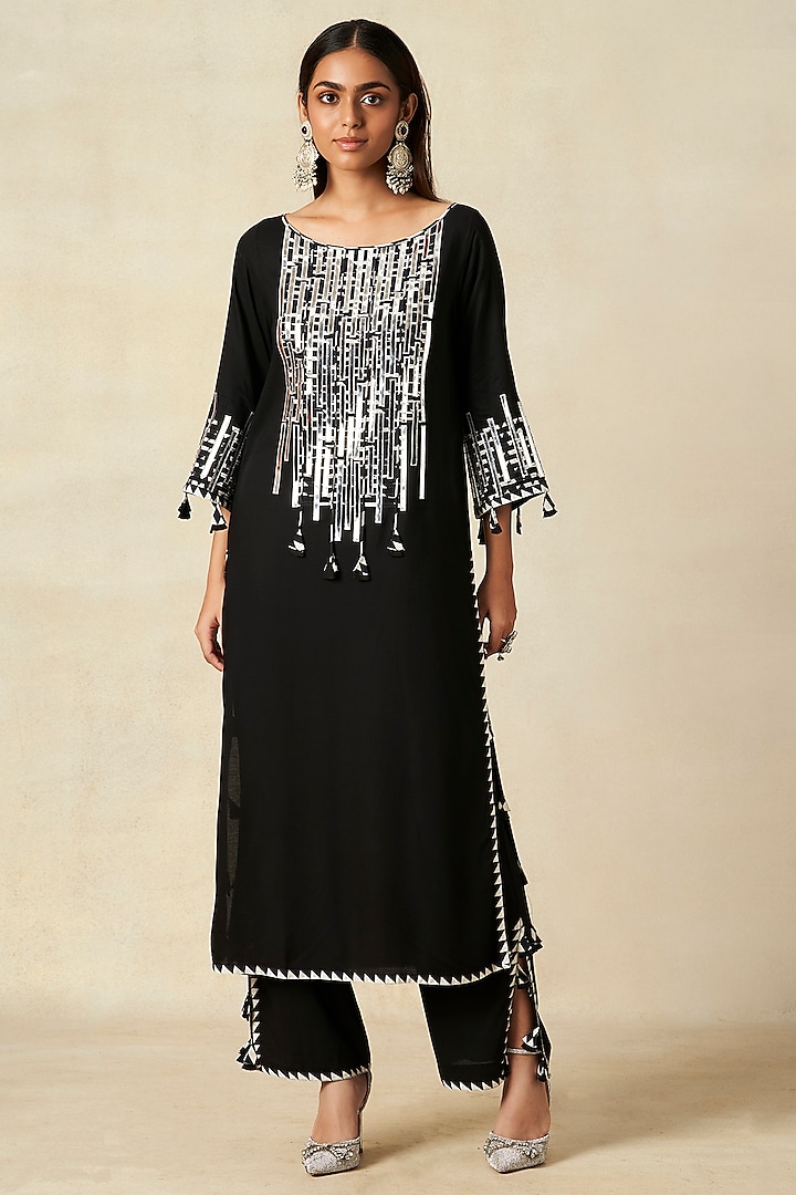 Black Rayon A-Line Kurta by Gulabo By Abu Sandeep at Pernia's Pop Up Shop