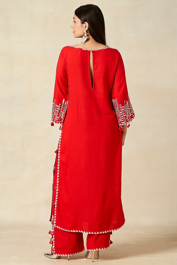 Red Rayon A-Line Kurta by Gulabo By Abu Sandeep at Pernia's Pop Up Shop