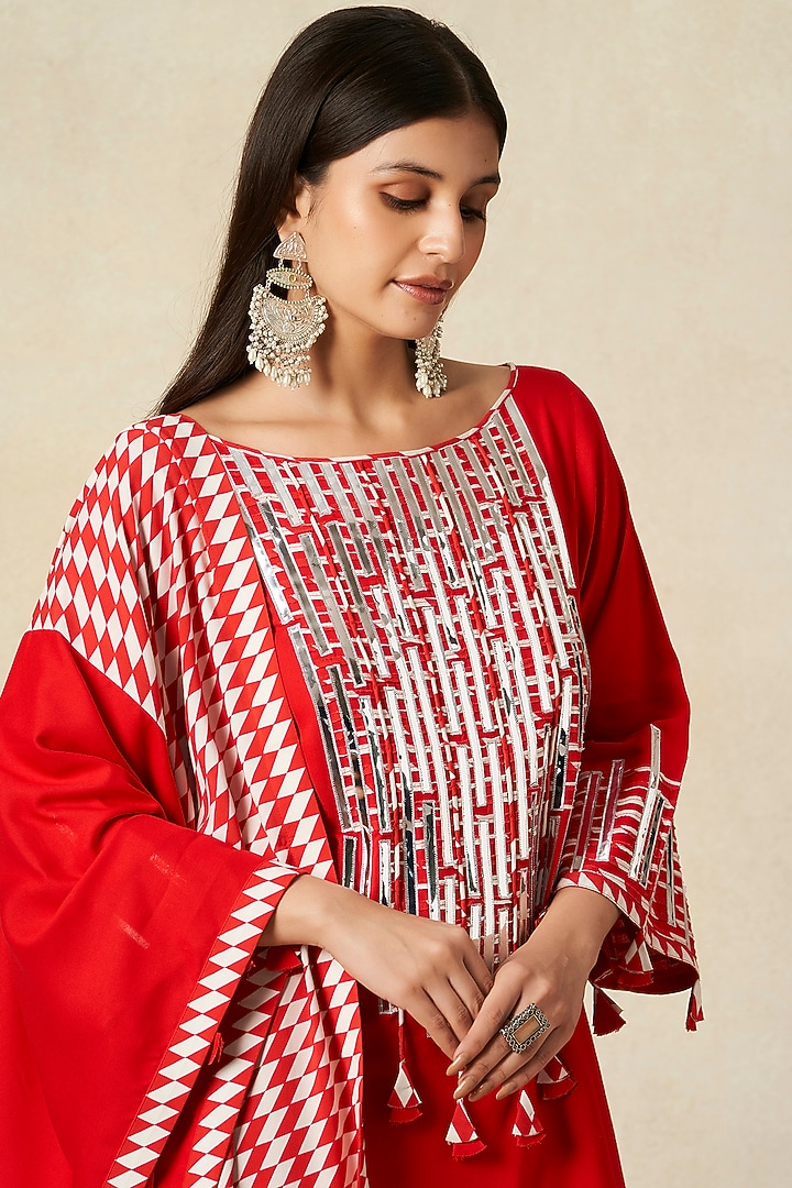 Red Rayon A-Line Kurta by Gulabo By Abu Sandeep at Pernia's Pop Up Shop
