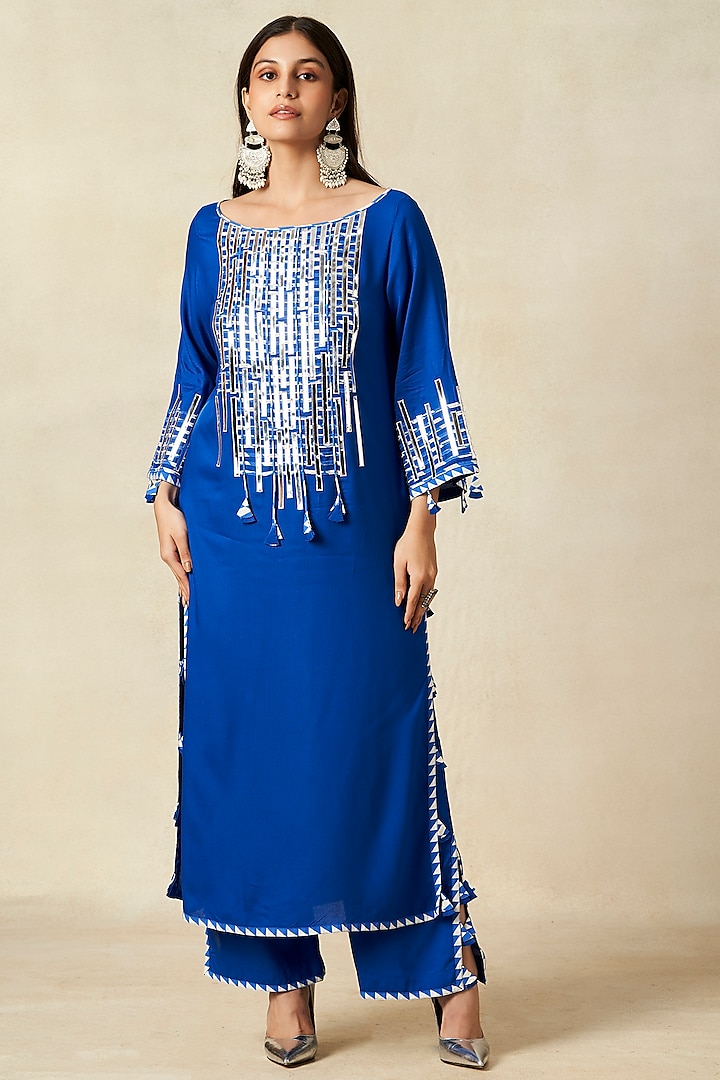 Royal Blue Rayon A-Line Kurta by Gulabo By Abu Sandeep at Pernia's Pop Up Shop