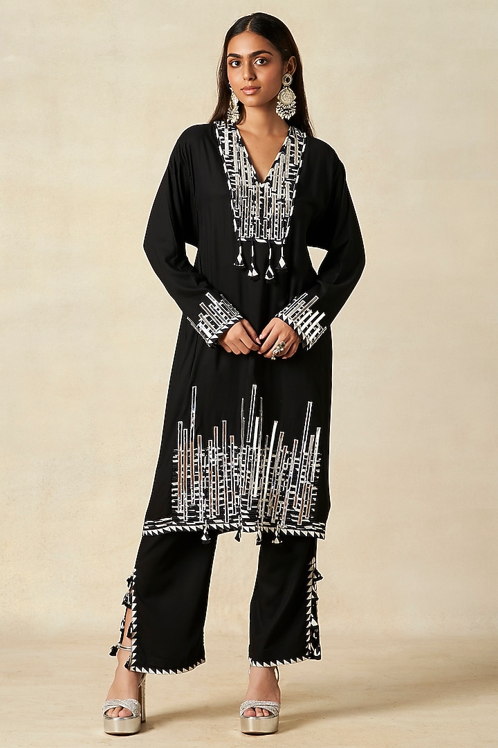 Black Rayon Kalidar Kurta by Gulabo By Abu Sandeep at Pernia's Pop Up Shop