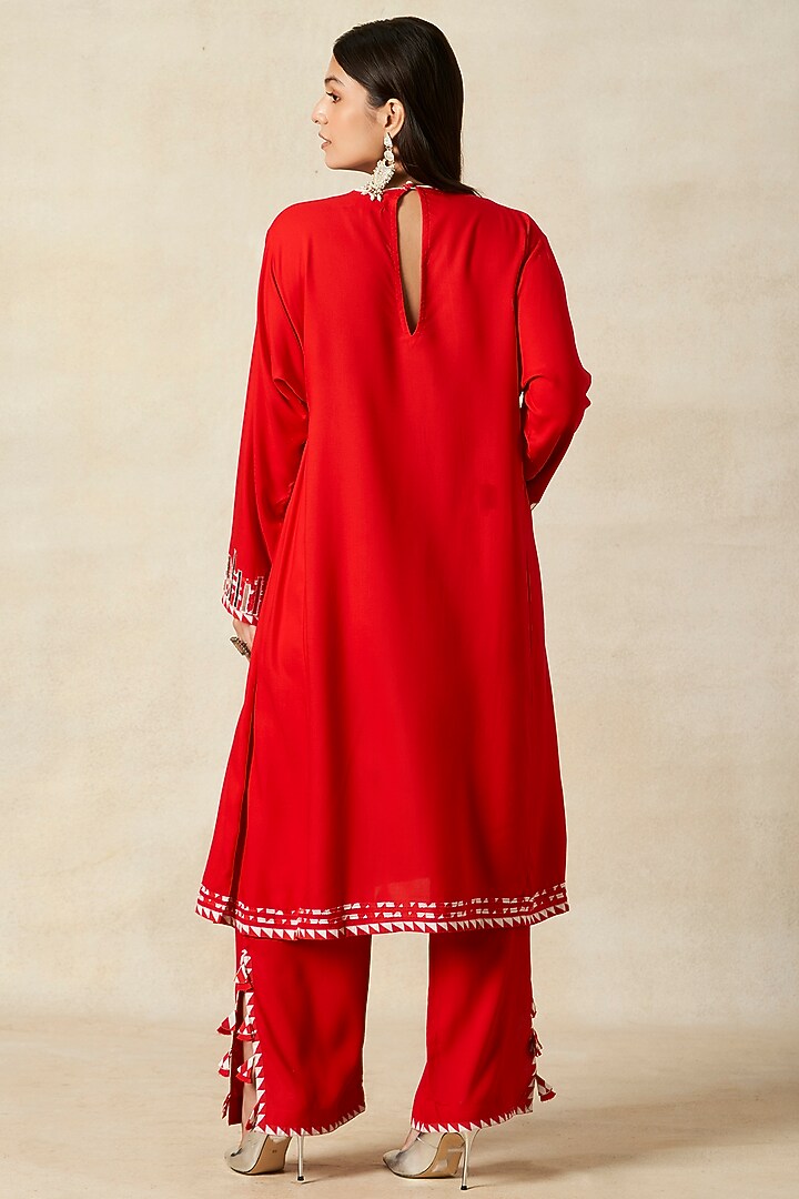 Red Rayon Kalidar Kurta by Gulabo By Abu Sandeep at Pernia's Pop Up Shop