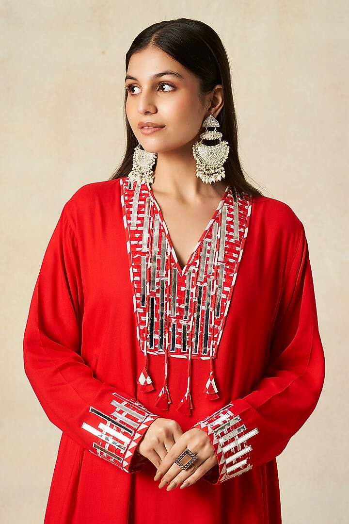 Red Rayon Kalidar Kurta by Gulabo By Abu Sandeep at Pernia's Pop Up Shop