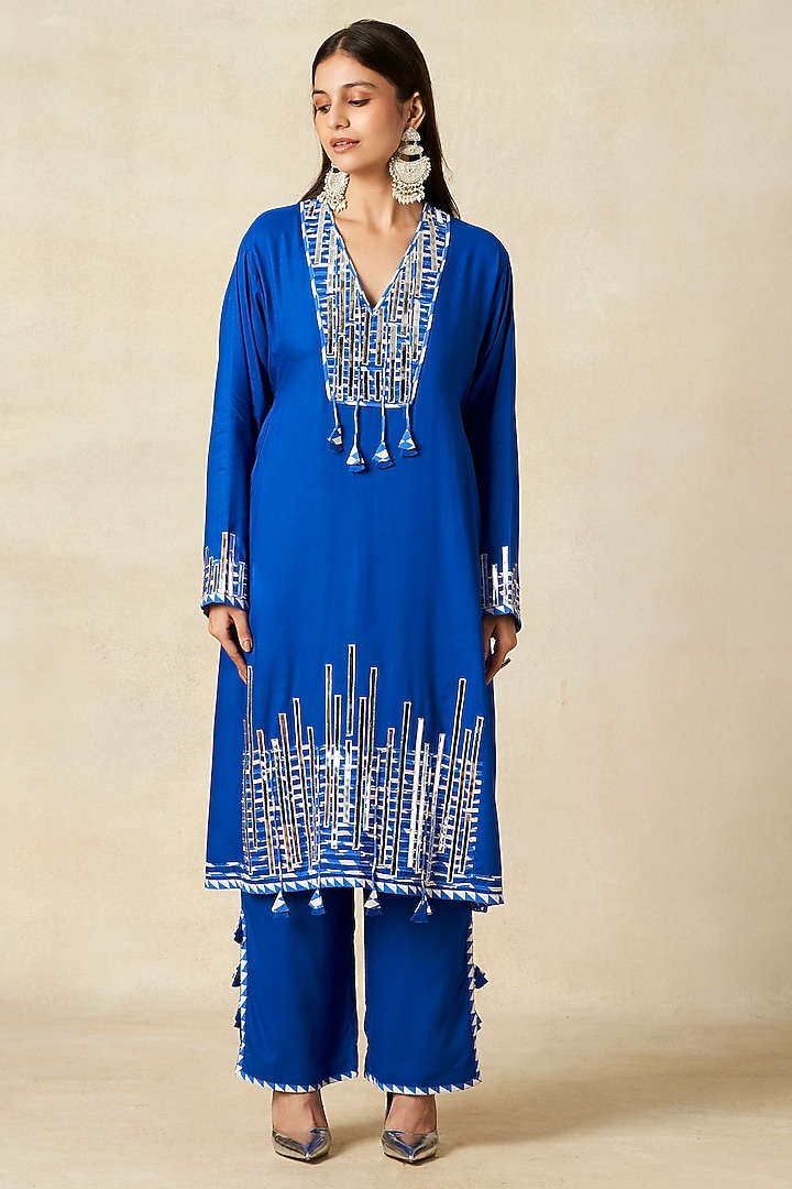 Royal Blue Rayon Kalidar Kurta by Gulabo By Abu Sandeep at Pernia's Pop Up Shop