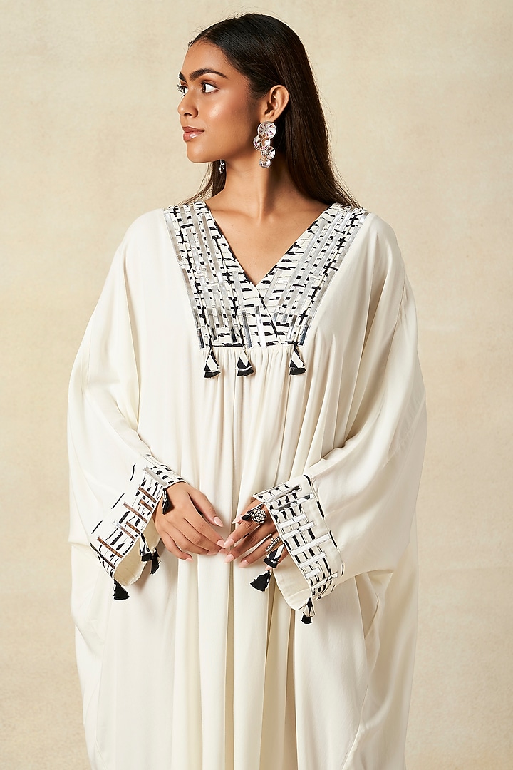 Off-White Rayon Pleated Kaftan by Gulabo By Abu Sandeep at Pernia's Pop Up Shop